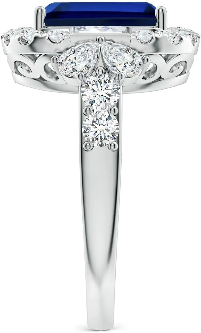 Angara Emerald-Cut Lab Grown Blue Sapphire Unique Halo Engagement Ring with Accents in 14K Solid Gold/Platinum | Birthday, Anniversary, Wedding Jewelry Gift for Women