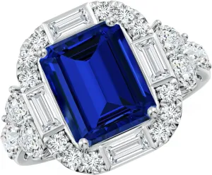 Angara Emerald-Cut Lab Grown Blue Sapphire Unique Halo Engagement Ring with Accents in 14K Solid Gold/Platinum | Birthday, Anniversary, Wedding Jewelry Gift for Women