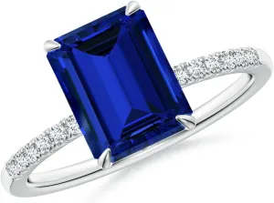 Angara Lab Grown Emerald-Cut Blue Sapphire Hidden Halo Engagement Ring in 14K Solid Gold/Platinum | Birthday, Anniversary, Wedding Jewelry Gift for Women