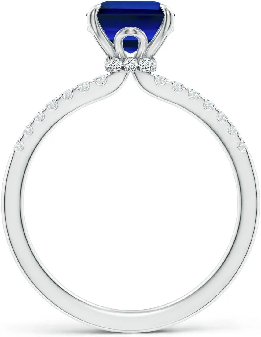 Angara Lab Grown Emerald-Cut Blue Sapphire Hidden Halo Engagement Ring in 14K Solid Gold/Platinum | Birthday, Anniversary, Wedding Jewelry Gift for Women