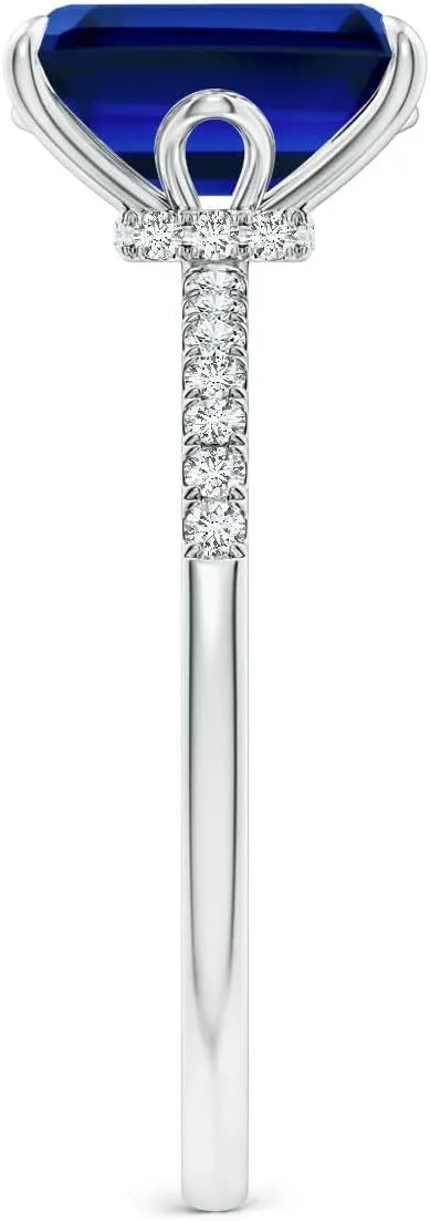 Angara Lab Grown Emerald-Cut Blue Sapphire Hidden Halo Engagement Ring in 14K Solid Gold/Platinum | Birthday, Anniversary, Wedding Jewelry Gift for Women