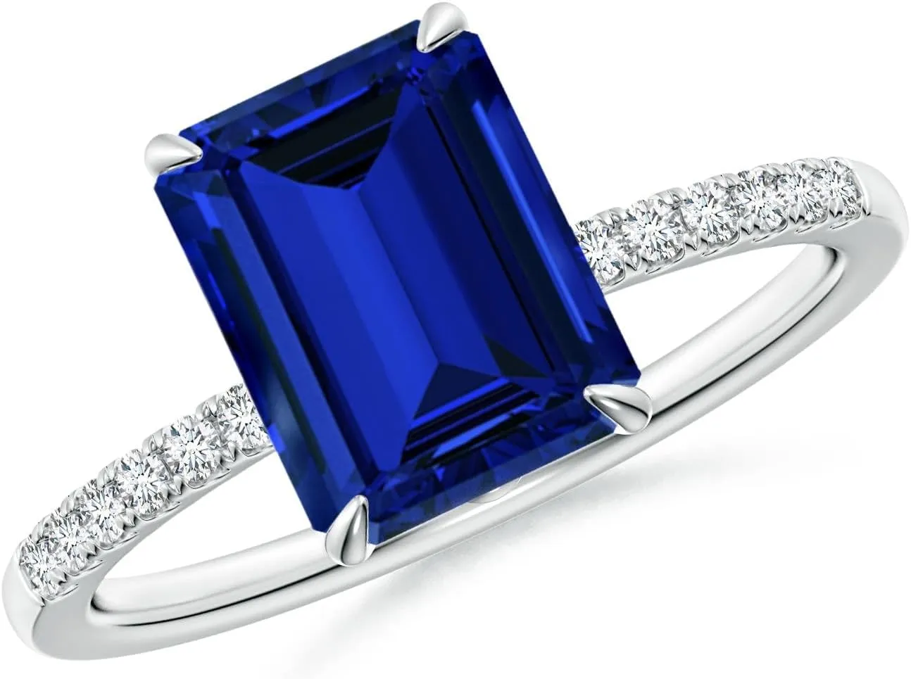 Angara Lab Grown Emerald-Cut Blue Sapphire Hidden Halo Engagement Ring in 14K Solid Gold/Platinum | Birthday, Anniversary, Wedding Jewelry Gift for Women