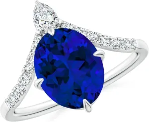 Angara Lab Grown Oval Blue Sapphire and Diamond Chevron Engagement Ring in 14K Solid Gold/Platinum | Birthday, Anniversary, Wedding Jewelry Gift for Women