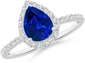 Angara Lab Grown Pear-Shaped Blue Sapphire Classic Halo Engagement Ring in 14K Solid Gold/Platinum | Birthday, Anniversary, Wedding Jewelry Gift for Women