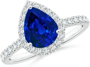 Angara Lab Grown Pear-Shaped Blue Sapphire Halo Engagement Ring in 14K Solid Gold/Platinum | Birthday, Anniversary, Wedding Jewelry Gift for Women