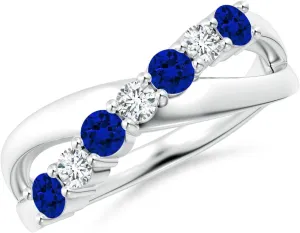 Angara Lab Grown Round Blue Sapphire and Diamond Crossover Ring in 14K Solid Gold/Platinum | Birthday, Engagement, Anniversary, Wedding Jewelry Gift for Women