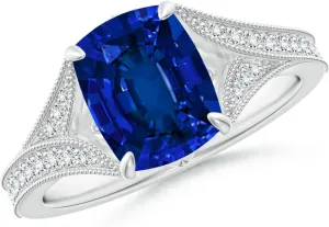 Angara Lab Grown Vintage Inspired Cushion Rectangular Blue Sapphire Split Shank Engagement Ring in 14K Solid Gold/Platinum | Birthday, Anniversary, Wedding Jewelry Gift for Women