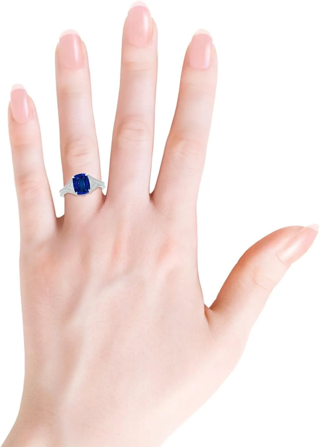 Angara Lab Grown Vintage Inspired Cushion Rectangular Blue Sapphire Split Shank Engagement Ring in 14K Solid Gold/Platinum | Birthday, Anniversary, Wedding Jewelry Gift for Women