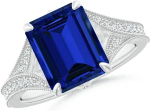 Angara Lab Grown Vintage Inspired Emerald-Cut Blue Sapphire Split Shank Engagement Ring in 14K Solid Gold/Platinum | Birthday, Anniversary, Wedding Jewelry Gift for Women