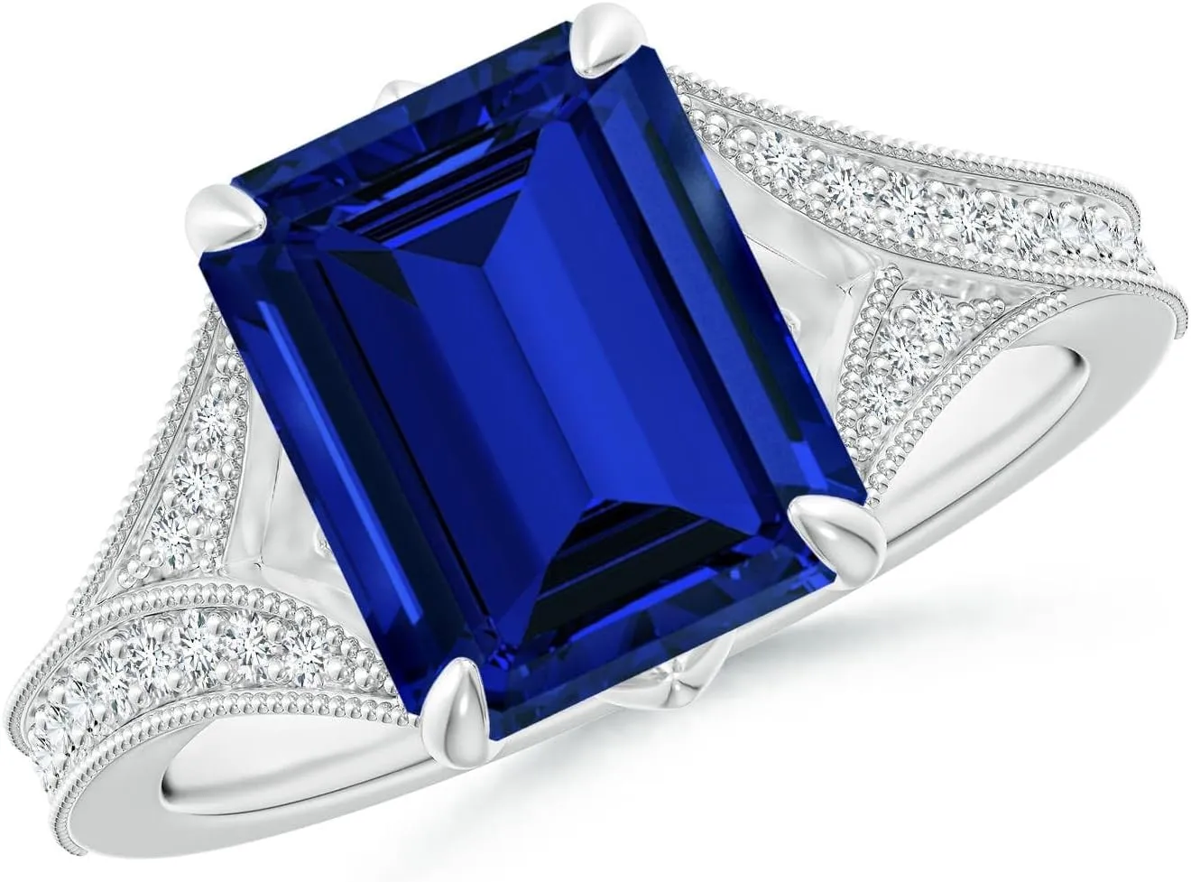 Angara Lab Grown Vintage Inspired Emerald-Cut Blue Sapphire Split Shank Engagement Ring in 14K Solid Gold/Platinum | Birthday, Anniversary, Wedding Jewelry Gift for Women