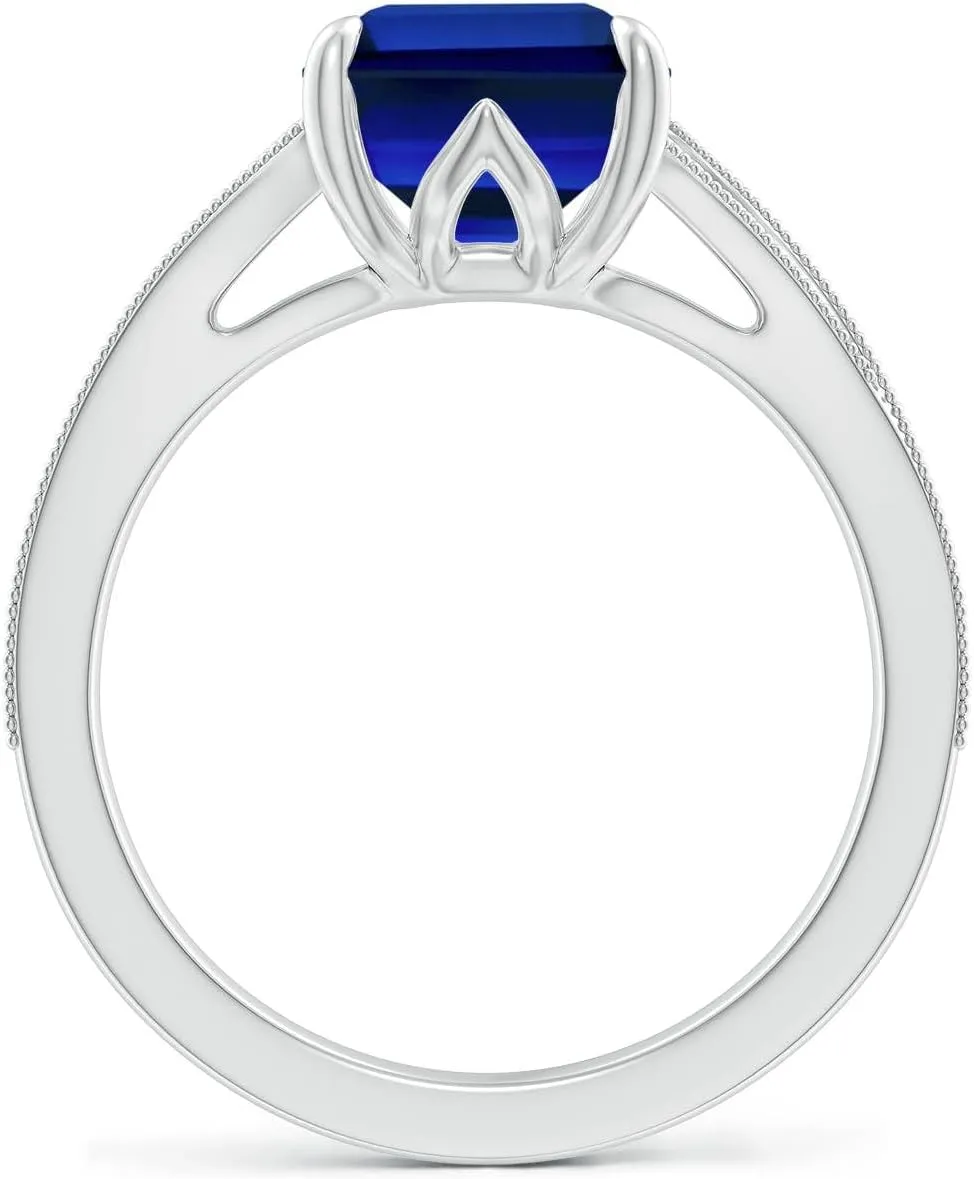 Angara Lab Grown Vintage Inspired Emerald-Cut Blue Sapphire Split Shank Engagement Ring in 14K Solid Gold/Platinum | Birthday, Anniversary, Wedding Jewelry Gift for Women