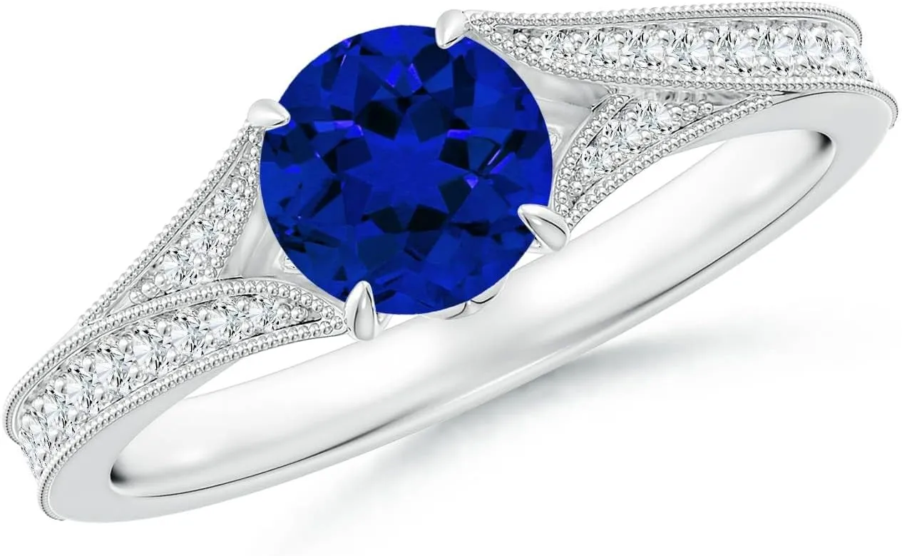 Angara Lab Grown Vintage Inspired Round Blue Sapphire Split Shank Engagement Ring in 14K Solid Gold/Platinum | Birthday, Anniversary, Wedding Jewelry Gift for Women