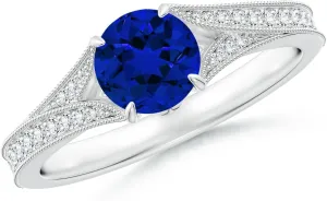 Angara Lab Grown Vintage Inspired Round Blue Sapphire Split Shank Engagement Ring in 14K Solid Gold/Platinum | Birthday, Anniversary, Wedding Jewelry Gift for Women
