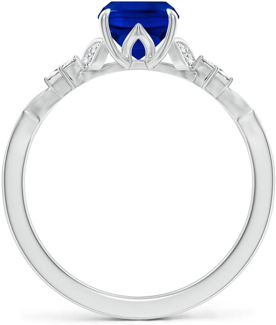 Angara Lab Grown Vintage Style Cushion Rectangular Blue Sapphire Engagement Ring with Leaf Motifs in 14K Solid Gold/Platinum | Birthday, Anniversary, Wedding Jewelry Gift for Women