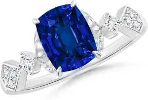 Angara Lab Grown Vintage Style Cushion Rectangular Blue Sapphire Engagement Ring with Leaf Motifs in 14K Solid Gold/Platinum | Birthday, Anniversary, Wedding Jewelry Gift for Women