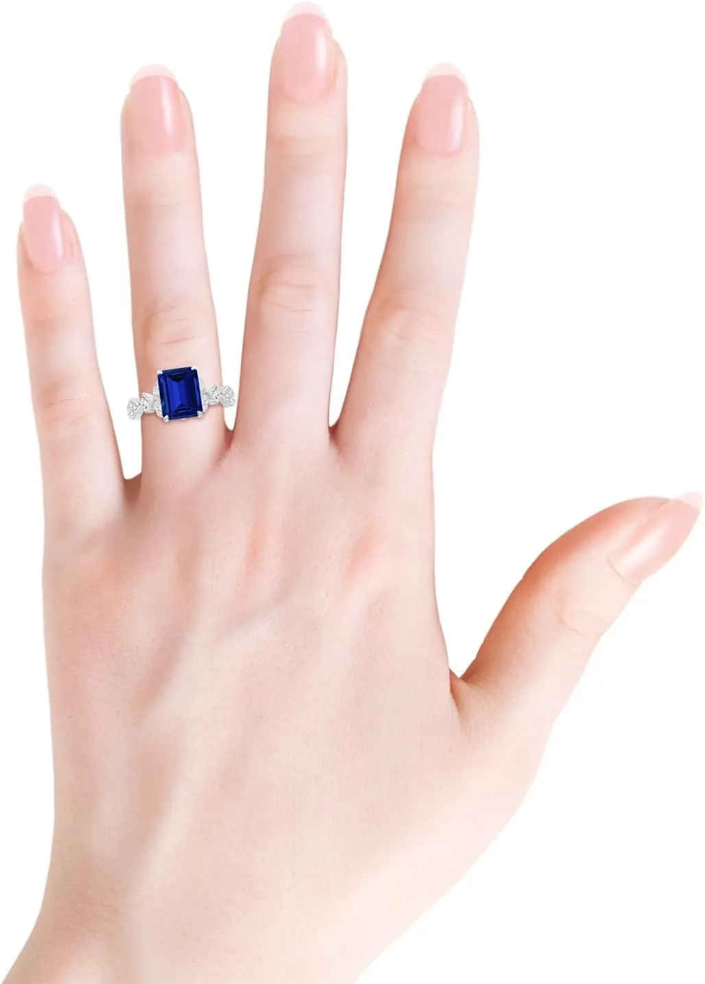 Angara Lab Grown Vintage Style Emerald-Cut Blue Sapphire Engagement Ring with Leaf Motifs in 14K Solid Gold/Platinum | Birthday, Anniversary, Wedding Jewelry Gift for Women