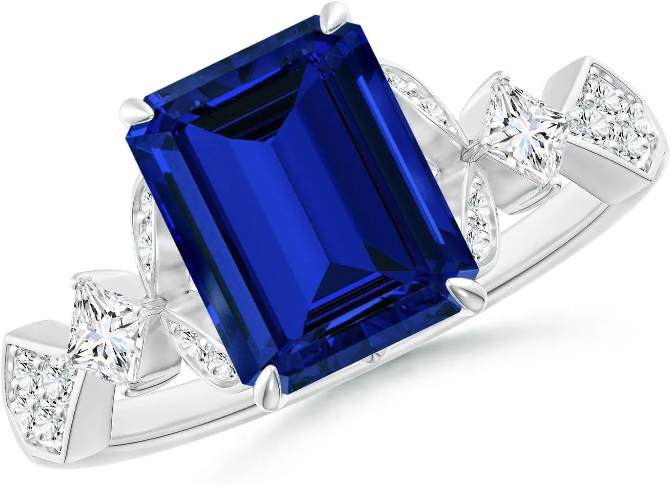 Angara Lab Grown Vintage Style Emerald-Cut Blue Sapphire Engagement Ring with Leaf Motifs in 14K Solid Gold/Platinum | Birthday, Anniversary, Wedding Jewelry Gift for Women