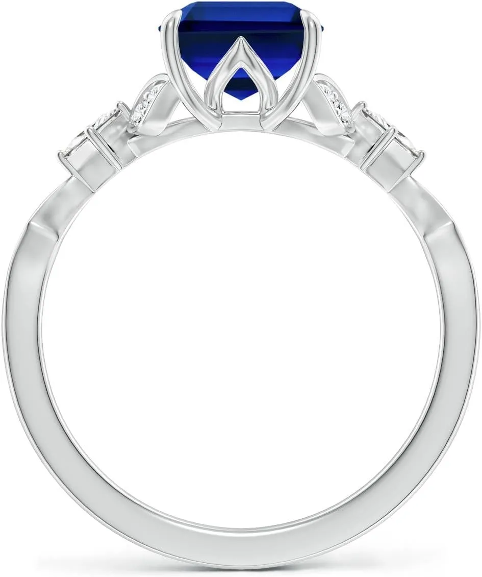 Angara Lab Grown Vintage Style Emerald-Cut Blue Sapphire Engagement Ring with Leaf Motifs in 14K Solid Gold/Platinum | Birthday, Anniversary, Wedding Jewelry Gift for Women