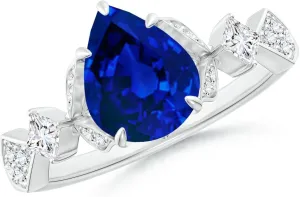 Angara Lab Grown Vintage Style Pear Blue Sapphire Engagement Ring with Leaf Motifs in 14K Solid Gold/Platinum | Birthday, Anniversary, Wedding Jewelry Gift for Women