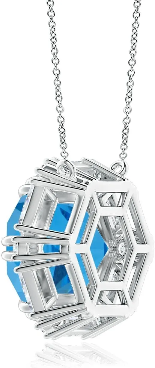 Angara Natural GIA Certified Hexagonal Fancy-Cut 17.5 ct Swiss Blue Topaz Halo Pendant in 14K Solid Gold/Platinum for Women (Size-17.20x15.03x10.16mm) | November Birthstone Jewelry