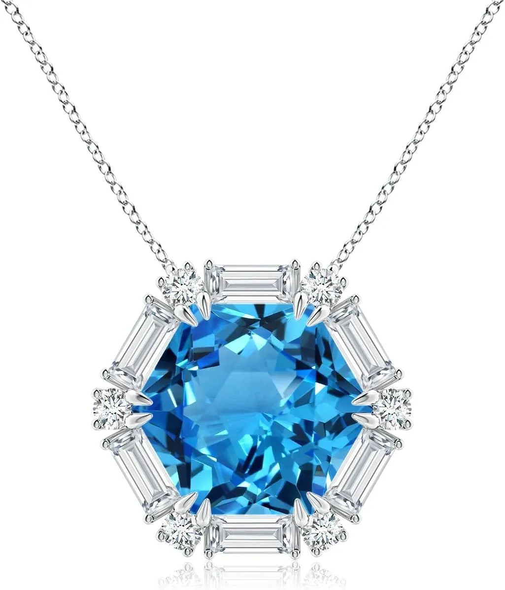 Angara Natural GIA Certified Hexagonal Fancy-Cut 17.5 ct Swiss Blue Topaz Halo Pendant in 14K Solid Gold/Platinum for Women (Size-17.20x15.03x10.16mm) | November Birthstone Jewelry