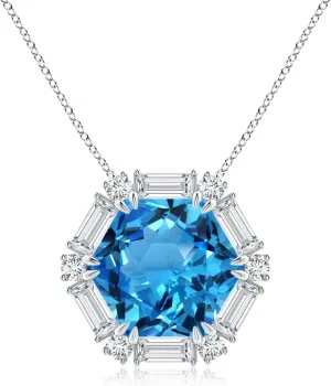 Angara Natural GIA Certified Hexagonal Fancy-Cut 17.5 ct Swiss Blue Topaz Halo Pendant in 14K Solid Gold/Platinum for Women (Size-17.20x15.03x10.16mm) | November Birthstone Jewelry