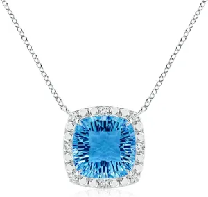 Angara Natural Swiss Blue Topaz Halo Pendant Necklace for Women in Platinum (Grade-AAAA | 10mm) December Birthstone Jewelry Gift for Women | Birthday | Wedding | Anniversary