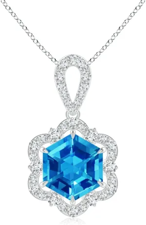 Angara Natural Swiss Blue Topaz Halo Pendant Necklace for Women in Platinum (Grade-AAAA | 7mm) December Birthstone Jewelry Gift for Women | Birthday | Wedding | Anniversary