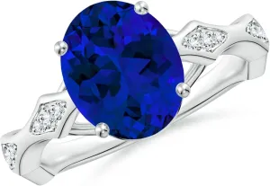 Angara Oval Lab Grown Blue Sapphire Wavy Shank Engagement Ring with Accents in 14K Solid Gold/Platinum | Birthday, Anniversary, Wedding Jewelry Gift for Women
