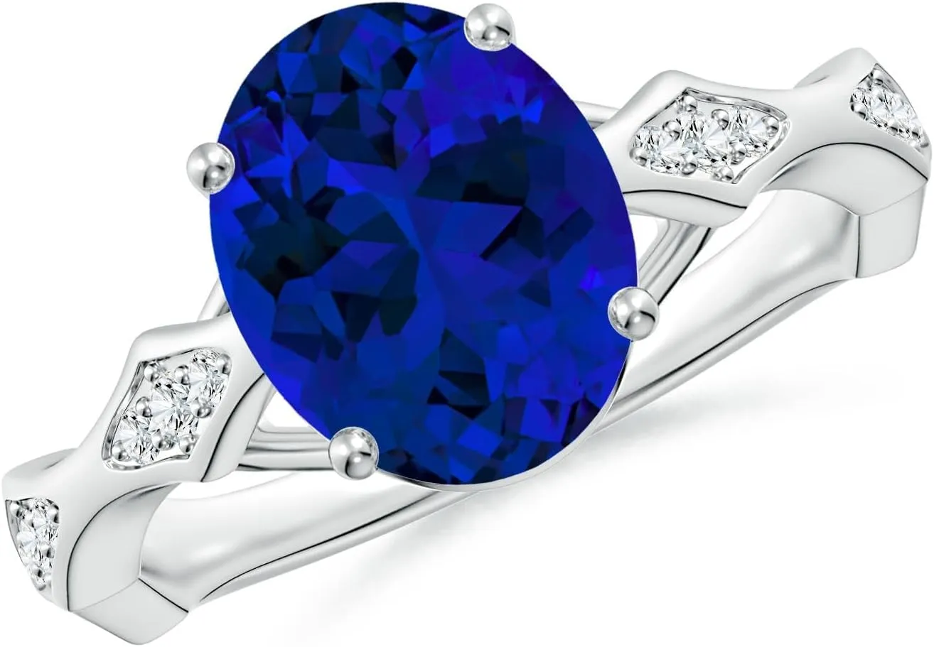 Angara Oval Lab Grown Blue Sapphire Wavy Shank Engagement Ring with Accents in 14K Solid Gold/Platinum | Birthday, Anniversary, Wedding Jewelry Gift for Women