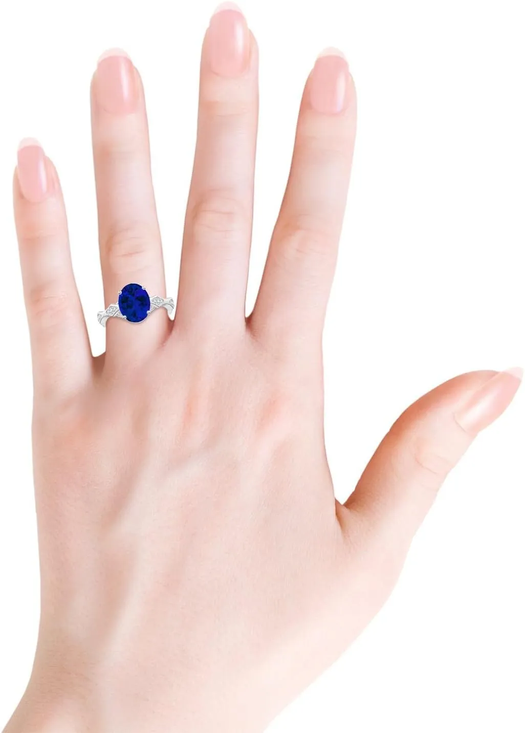 Angara Oval Lab Grown Blue Sapphire Wavy Shank Engagement Ring with Accents in 14K Solid Gold/Platinum | Birthday, Anniversary, Wedding Jewelry Gift for Women