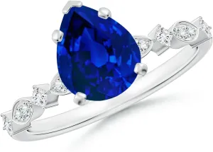 Angara Pear Lab Grown Blue Sapphire Engagement Ring with Marquise Motifs in 14K Solid Gold/Platinum | Birthday, Anniversary, Wedding Jewelry Gift for Women