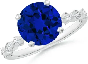 Angara Round Lab Grown Blue Sapphire Engagement Ring with Marquise Motifs in 14K Solid Gold/Platinum | Birthday, Anniversary, Wedding Jewelry Gift for Women