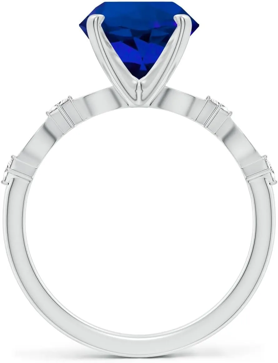 Angara Round Lab Grown Blue Sapphire Engagement Ring with Marquise Motifs in 14K Solid Gold/Platinum | Birthday, Anniversary, Wedding Jewelry Gift for Women