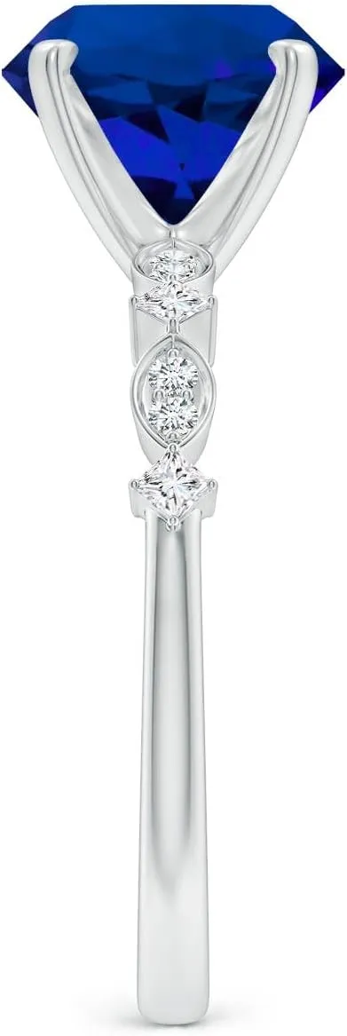 Angara Round Lab Grown Blue Sapphire Engagement Ring with Marquise Motifs in 14K Solid Gold/Platinum | Birthday, Anniversary, Wedding Jewelry Gift for Women