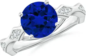 Angara Round Lab Grown Blue Sapphire Wavy Shank Engagement Ring with Accents in 14K Solid Gold/Platinum | Birthday, Anniversary, Wedding Jewelry Gift for Women
