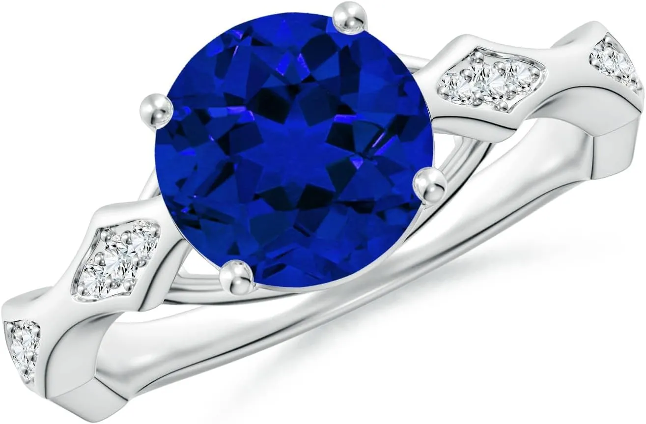 Angara Round Lab Grown Blue Sapphire Wavy Shank Engagement Ring with Accents in 14K Solid Gold/Platinum | Birthday, Anniversary, Wedding Jewelry Gift for Women