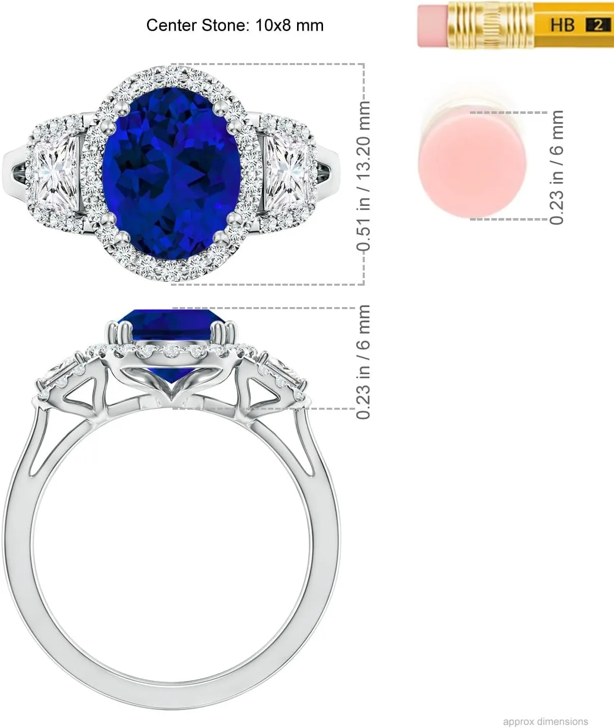 Angara Three Stone Oval Lab Grown Blue Sapphire and Trapezoid Diamond Halo Engagement Ring in 14K Solid Gold/Platinum | Birthday, Anniversary, Wedding Jewelry Gift for Women