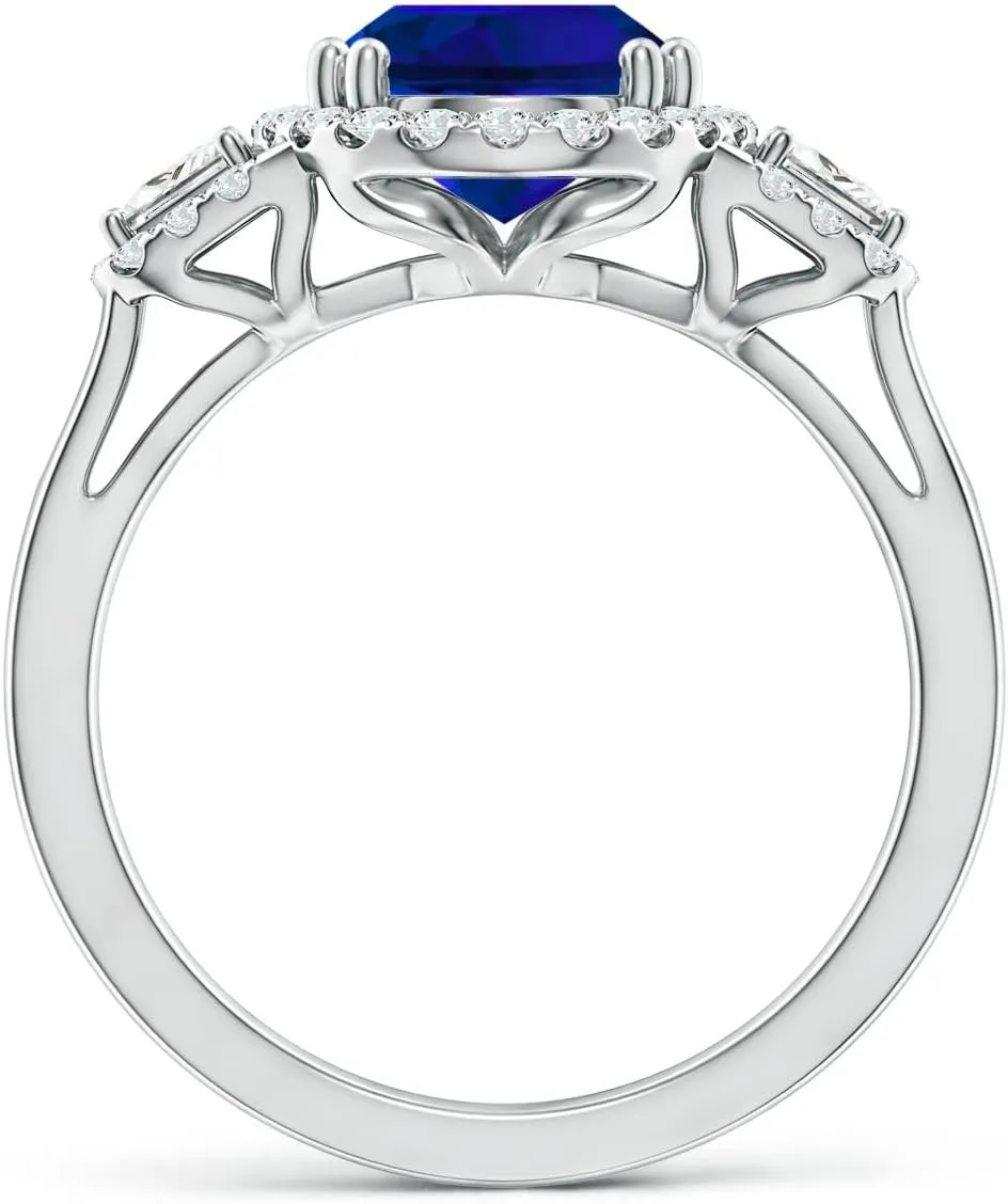 Angara Three Stone Oval Lab Grown Blue Sapphire and Trapezoid Diamond Halo Engagement Ring in 14K Solid Gold/Platinum | Birthday, Anniversary, Wedding Jewelry Gift for Women