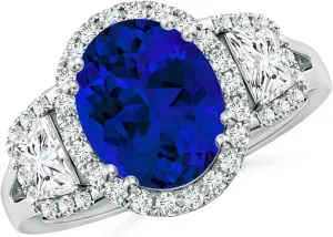 Angara Three Stone Oval Lab Grown Blue Sapphire and Trapezoid Diamond Halo Engagement Ring in 14K Solid Gold/Platinum | Birthday, Anniversary, Wedding Jewelry Gift for Women