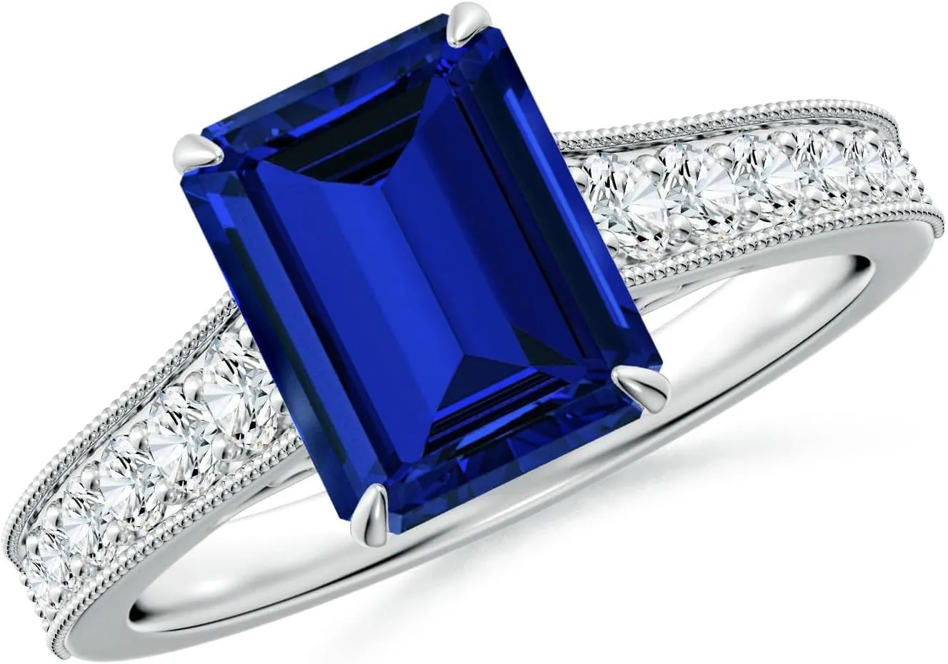 Angara Vintage Inspired Emerald-Cut Lab Grown Blue Sapphire Engagement Ring with Milgrain in 14K Solid Gold/Platinum | Birthday, Anniversary, Wedding Jewelry Gift for Women