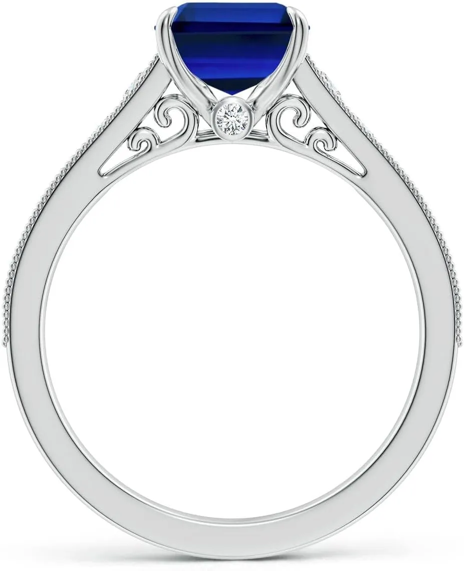Angara Vintage Inspired Emerald-Cut Lab Grown Blue Sapphire Engagement Ring with Milgrain in 14K Solid Gold/Platinum | Birthday, Anniversary, Wedding Jewelry Gift for Women