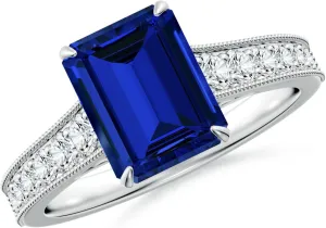 Angara Vintage Inspired Emerald-Cut Lab Grown Blue Sapphire Engagement Ring with Milgrain in 14K Solid Gold/Platinum | Birthday, Anniversary, Wedding Jewelry Gift for Women