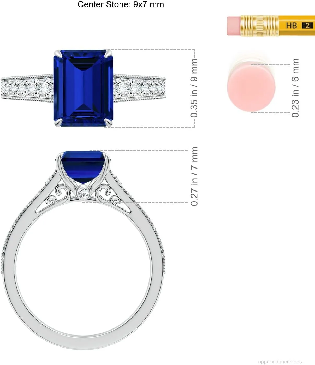 Angara Vintage Inspired Emerald-Cut Lab Grown Blue Sapphire Engagement Ring with Milgrain in 14K Solid Gold/Platinum | Birthday, Anniversary, Wedding Jewelry Gift for Women