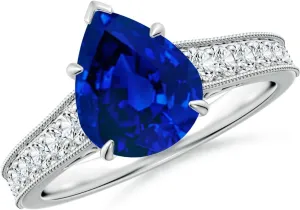 Angara Vintage Inspired Pear-Shaped Lab Grown Blue Sapphire Engagement Ring with Milgrain in 14K Solid Gold/Platinum | Birthday, Anniversary, Wedding Jewelry Gift for Women