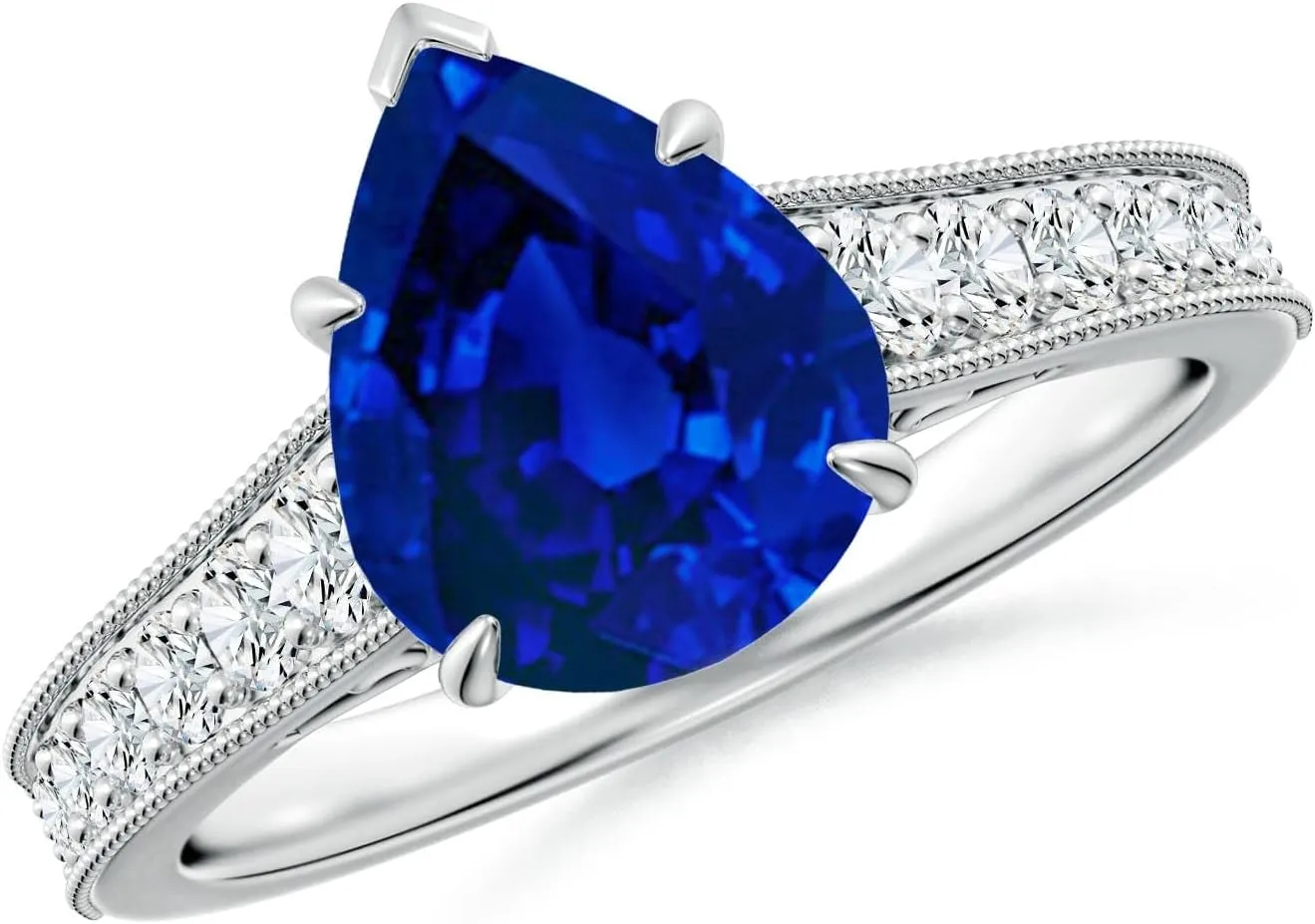 Angara Vintage Inspired Pear-Shaped Lab Grown Blue Sapphire Engagement Ring with Milgrain in 14K Solid Gold/Platinum | Birthday, Anniversary, Wedding Jewelry Gift for Women