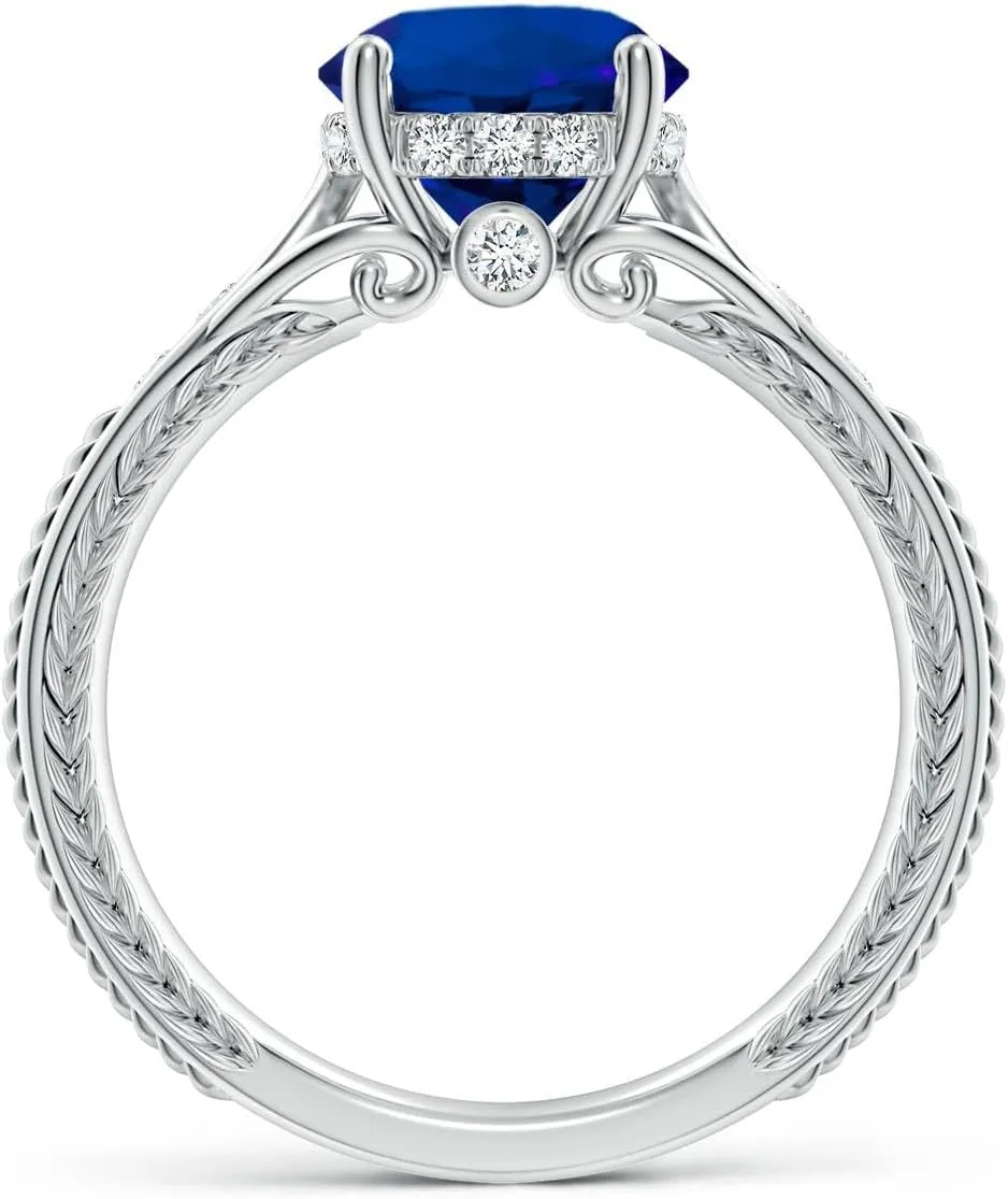 Angara Vintage Inspired Round Lab Grown Blue Sapphire Hidden Halo Engagement Ring in 14K Solid Gold/Platinum | Birthday, Anniversary, Wedding Jewelry Gift for Women