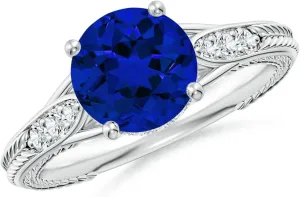 Angara Vintage Inspired Round Lab Grown Blue Sapphire Hidden Halo Engagement Ring in 14K Solid Gold/Platinum | Birthday, Anniversary, Wedding Jewelry Gift for Women