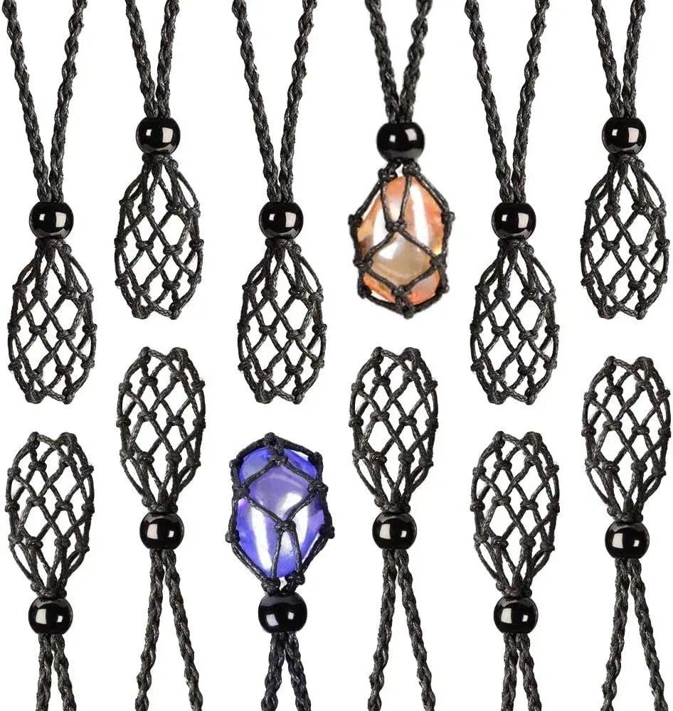 Anjiucc 12 PCS Crystal Cage Necklace Cord Empty Stone Holder Pendant Stone Replacement Hand-Woven Necklace Cord with Adjustable Length
