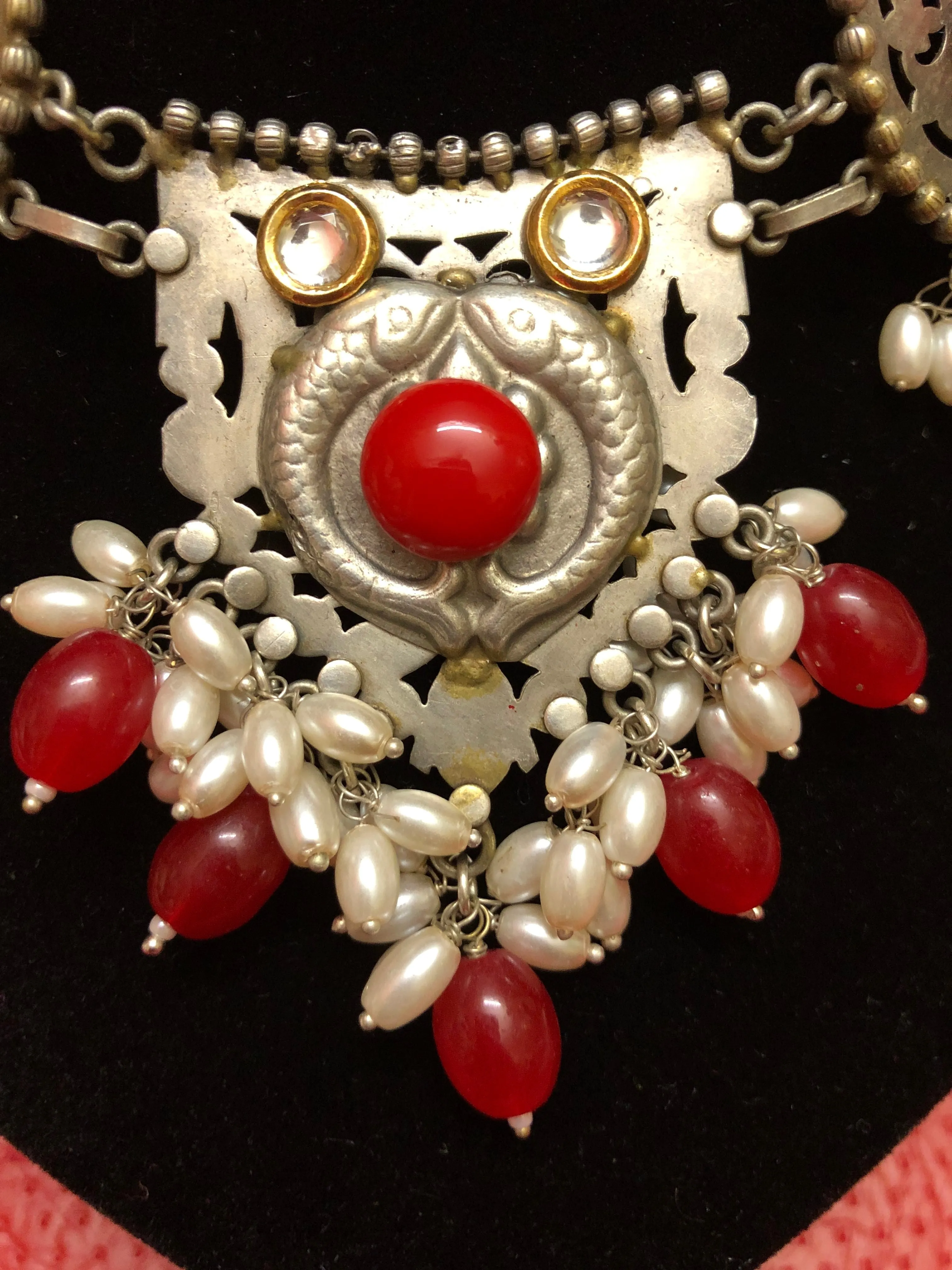 Antique Silver Choker Necklace Set with Kundan Work